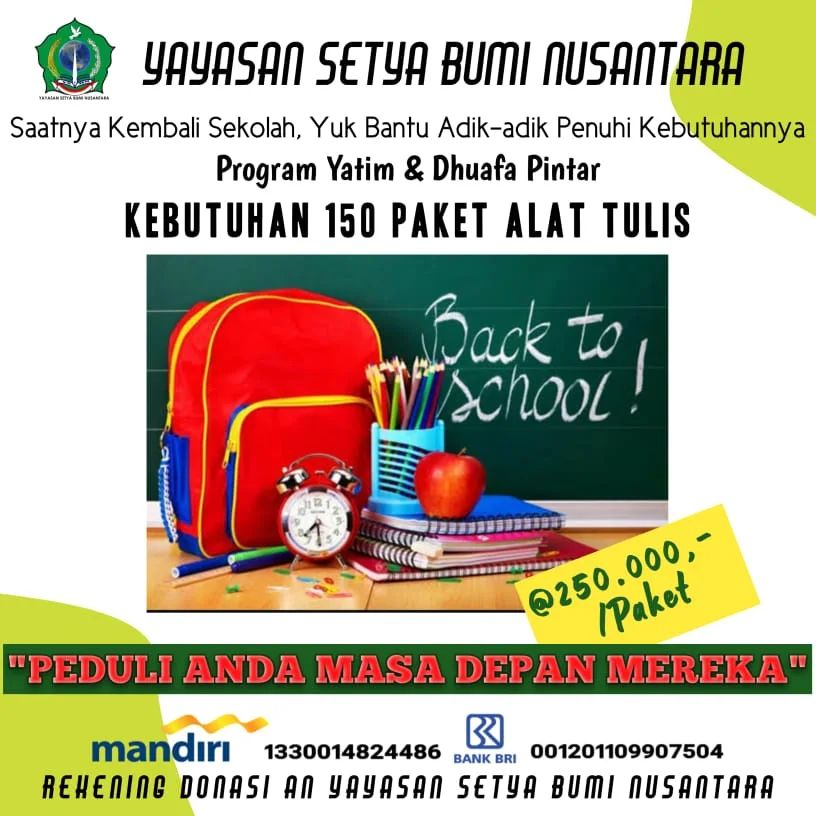 Program Yatim & Dhuafa Pintar (Kebutuhan 150 Paket Alat Tulis)